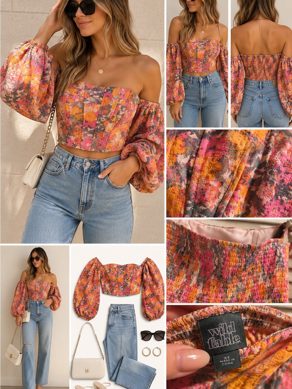 wild fable Pink and Orange Floral Off-Shoulder Puff Sleeve Crop Top